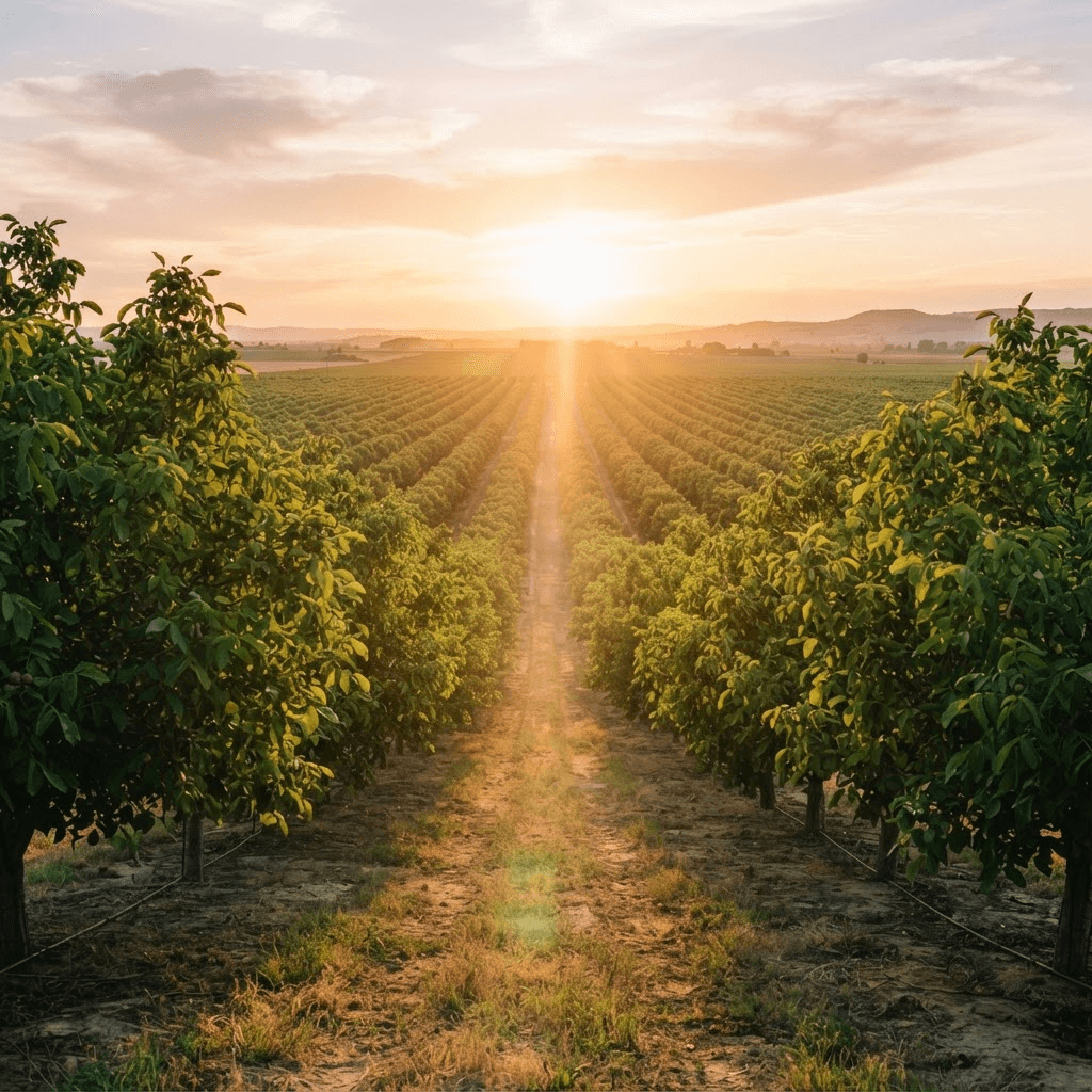 Sunlit orchard rows leading toward the horizon